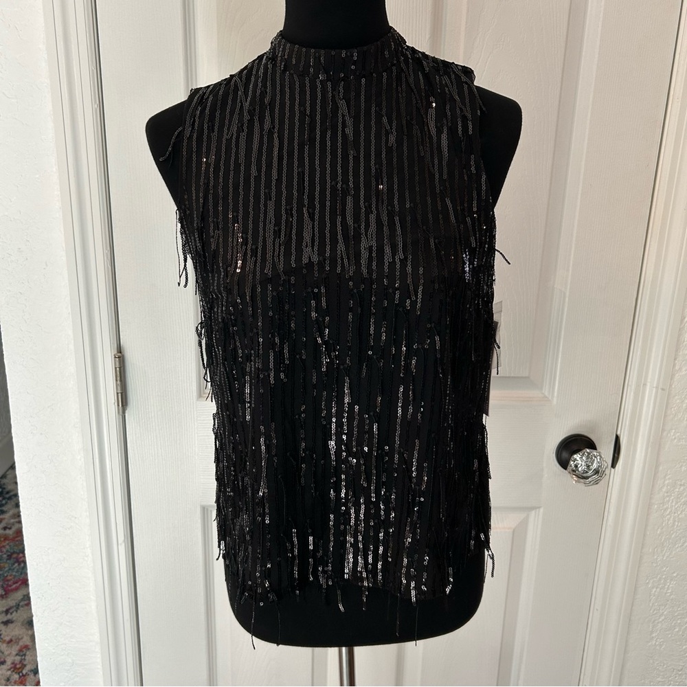 Nanette Lepore Black Fringe Sequin Blouse